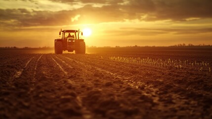 Fototapeta premium Tractor Sunset Field.