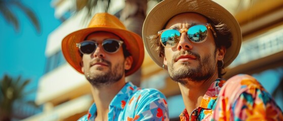 Trendy Young Men in Colorful Hawaiian Shirts and Sunglasses Enjoying Sunny Vacation