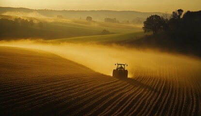Fototapeta premium Tractor in Field at Sunset.