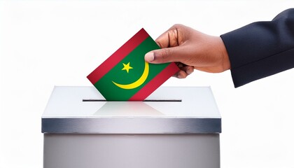 モーリタニアの国旗の投票用紙を投票する手と投票箱。選挙。(Hand and ballot box voting a ballot paper with the Mauritania flag on it. election.)

