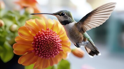Fototapeta premium A closeup of a delicate hummingbird hovering near a vibrant flower