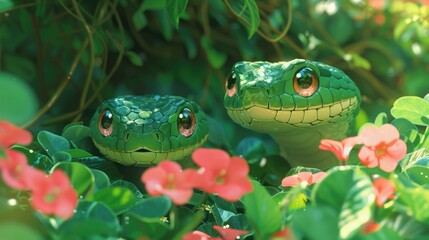 Obraz premium Green Snakes Among Flowers: UpClose Nature with Vibrant Colors