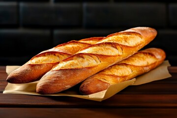 Close-up of freshly baked baguettes with a crisp golden crust, capturing the artisan, rustic quality of freshly baked bread, symbolizing tradition and flavor