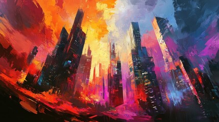 Obraz premium A futuristic cityscape with tall skyscrapers reaching for the sky, painted in vibrant hues of red, orange, purple and blue.