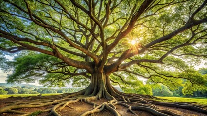 Ancient tree with gnarled branches and roots sprawling across the landscape, tree of life, trunk