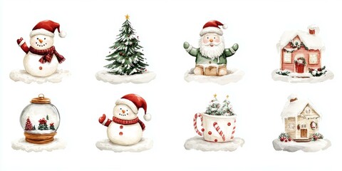 Festive watercolor illustrations featuring Christmas trees, ornaments, gifts, snowflakes, and holiday decorations.