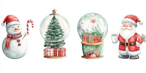 Watercolor snow globes with festive winter scenes, showcasing holiday spirit, snowflakes, and cozy charm.