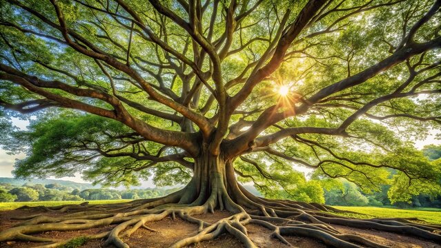 Ancient tree with gnarled branches and roots sprawling across the landscape, tree of life, trunk