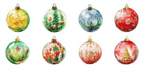 Watercolor Christmas ornaments in various shapes and colors, featuring intricate designs and festive patterns.
