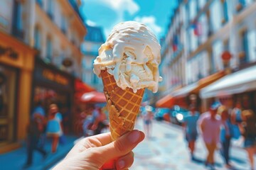 Person holding ice cream cone in front of city
