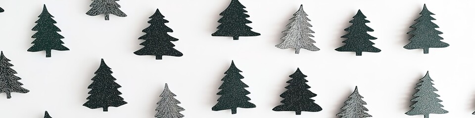 Obraz premium Pattern of green and silver Christmas trees on white
