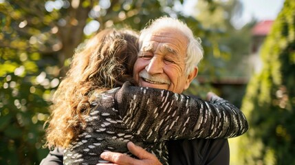Elderly man hugging woman in park