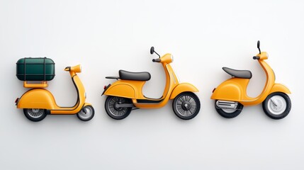 Fototapeta premium Yellow Scooters in a Row on White Background Transportation Italian Style Delivery