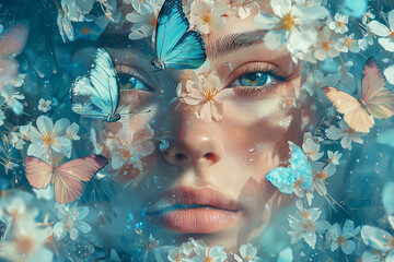 Dreamy portrait of a woman with butterflies and flowers in soft blue tones.