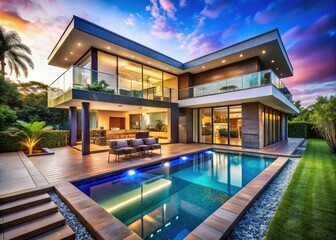 Fototapeta premium Stylish Modern House with Contemporary Design and Pool, Luxury Living Space, Architectural Marvel, Outdoor Oasis, Dream Home, Sleek Interiors, Sunlit Spaces, Poolside Relaxation