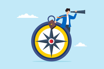 Flat illustration of businessman look telescope on compass find and guidance direction business growth investment opportunity decision leadership or visionary © VZ_Art