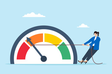 Flat illustration of businesswoman pull meter down reducing risk level red alert to green reduce stress decrease anxiety or danger indicator