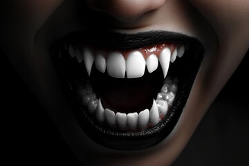 Naklejka premium Hyper-realistic close-up of an evil smile with sharp teeth and dark shadows, capturing the raw, intense expression of malevolence, symbolizing fear and detail