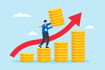 Flat illustration of businessman increase money stack with graph arrow up investment growth financial success compound interest capital gain profit pension fund wealth accumulation