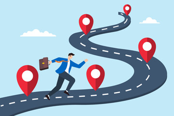 Flat illustration of businessman run on business roadmap marked with milestone pin project success journey achievement workflow timeline process step planning progress
