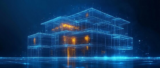 Obraz premium A digital representation of a modern building with glowing elements, showcasing architectural design.