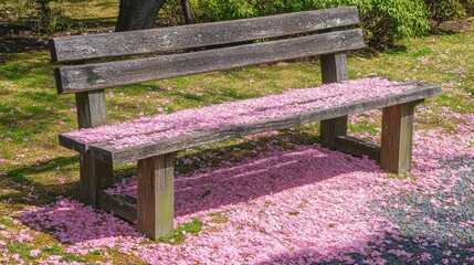 Serene Park Bench Amidst Pink Petals
