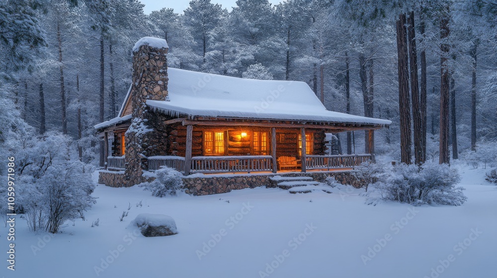 Leinwandbilder warm light glows from the windows of a rustic log cabin nestled in a peaceful snowy forest. tall tre