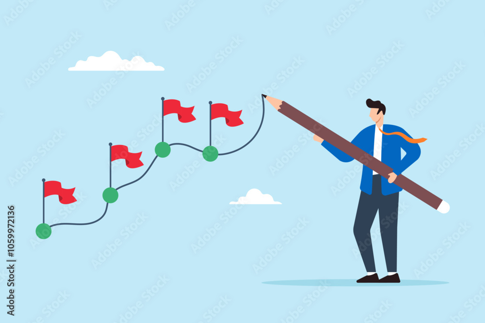 Poster flat illustration of businessman draw workflow line with achievement flag on progress map project mi