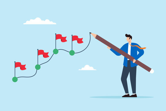 Flat illustration of businessman draw workflow line with achievement flag on progress map project milestone working process tracking work experience journey