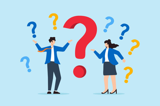 Flat illustration of businessman and businesswoman stand surrounded confused question mark doubt complexity complicated problem misunderstanding trouble