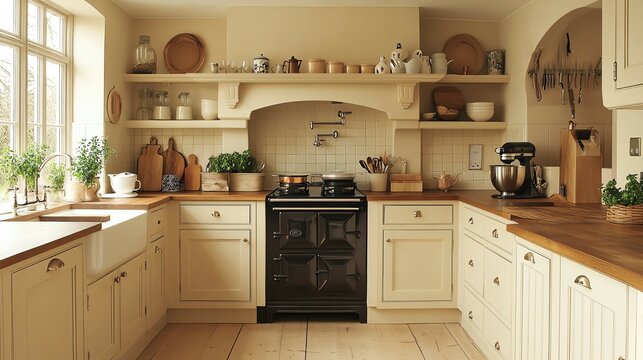A warm, country-style kitchen with cream-colored cabinets, wooden countertops, and a large Aga stove.