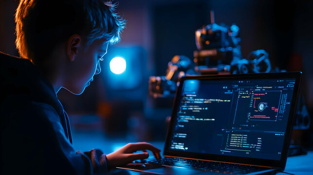 Coding Time. A close-up of a student programming a robot