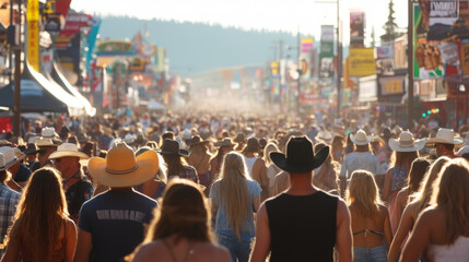 A bustling street scene during the Calgary Stampede, with people in cowboy hats, horses, and rodeo events.
