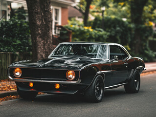 A black car is parked on a street.