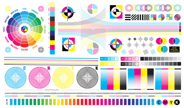 Set illustration of CMYK Print Test Calibration Chart for CTP Printing, with micro printing test. 