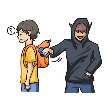 Evil pickpocket stealing young tourist smartphone from his backpack colorful illustration isolated on square white background. Simple flat outlined cartoon art styled drawing.