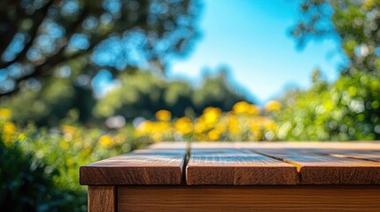 Naklejka premium Wooden table top with a blurred background of a lush green garden and blue sky.