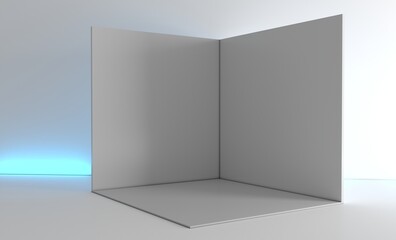 3D exhibition booth. Showroom. Square corner. Empty geometric square. Blank box template. White blank exhibition stand. Presentation event room.
