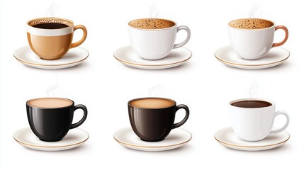 Obraz premium Realistic Coffee Cups and Saucers with Steam Isolated on White Background