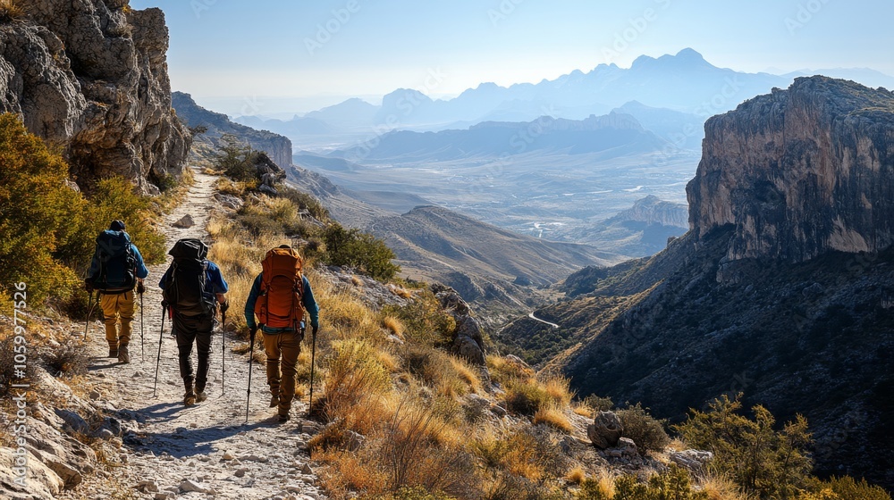 Poster three adventurous hikers navigate a winding trail surrounded by rocky terrain and vibrant vegetation