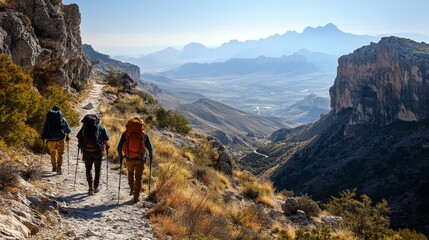 Three adventurous hikers navigate a winding trail surrounded by rocky terrain and vibrant vegetation, enjoying a stunning valley view against the backdrop of distant mountains.