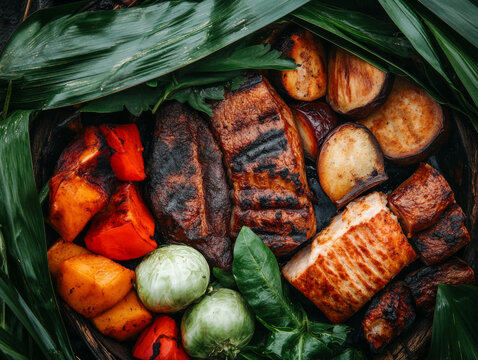 A close-up of a hangi feast, featuring smoked meat, vegetables, and traditional Maori bread.