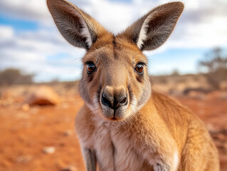 Fototapeta premium A close-up of a kangaroo hopping through the Australian outback, with red soil and blue skies.