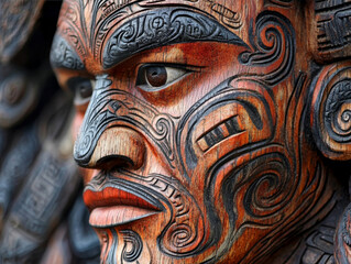 A close-up of a Maori wood carving at Te Puia, showcasing detailed craftsmanship and cultural heritage.
