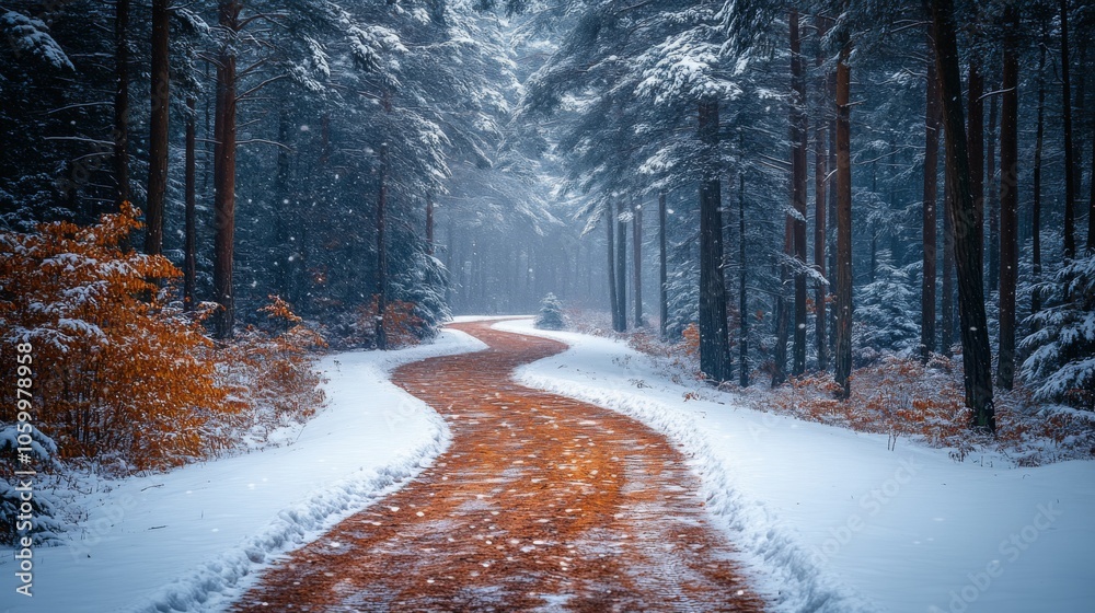 Poster the snow covers the ground, creating a beautiful contrast with the reddish path that spirals through