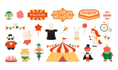 Fototapeta premium Circus elements collection. Cute animals and children in artist costumes, bell tent, balloons, labels and tags. Vector illustration. Funny characters. Festival event, fairground isolated objects set.