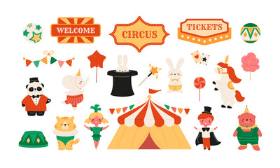 Fototapeta premium Set of circus elements. Cute animals in costumes and clown hats, magician boy, acrobat girl, bell tent, label. Party, festival icons. Retro vector illustration. Bunny in top hat, tiger, pony, elephant
