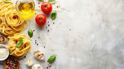 Ingredients for cooking pasta on table, top view with text space.