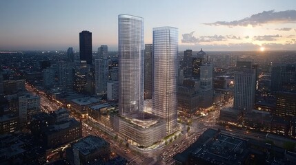 Obraz premium Modern Architectural Marvel A Bird's Eye View of an Urban Skyline at Dusk