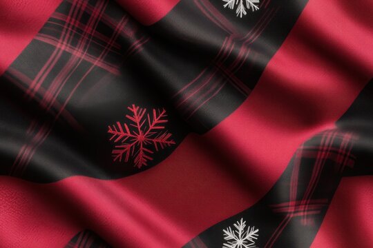 A close-up view of festive red and black plaid fabric featuring snowflake patterns, perfect for holiday-themed designs.